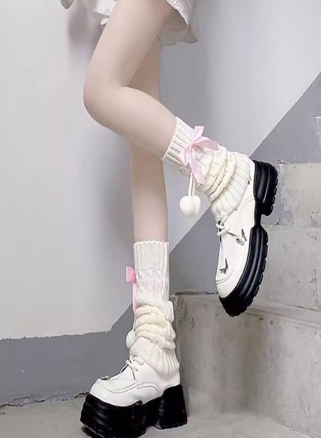CazDopaM Cute Lolita leg covers Japanese Style Knitted Warm Bow Socks with Pom-Poms White Slouch Socks for JK Uniform (pink) - Image 2